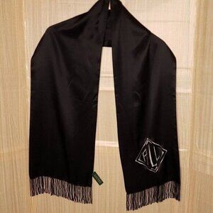 Lauren Ralph Lauren Womens Black Silk Scarf Beaded Trim
